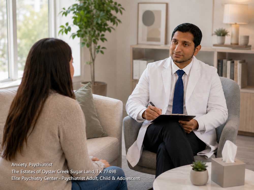 Compassionate anxiety psychiatrist in Sugar Land holding a clipboard during a patient consultation.