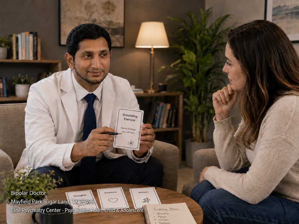 A top bipolar doctor in Sugar Land explaining a grounding exercise card during a therapy session with a patient.