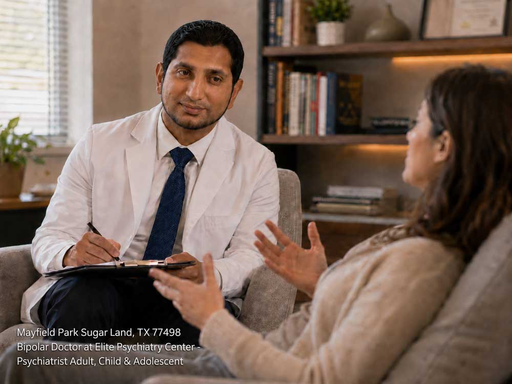 A professional bipolar doctor in Sugar Land taking notes during a psychiatric evaluation with a female patient.