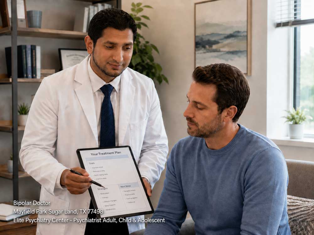 An expert bipolar doctor in Sugar Land reviewing a personalized mental health treatment plan with an adult male.