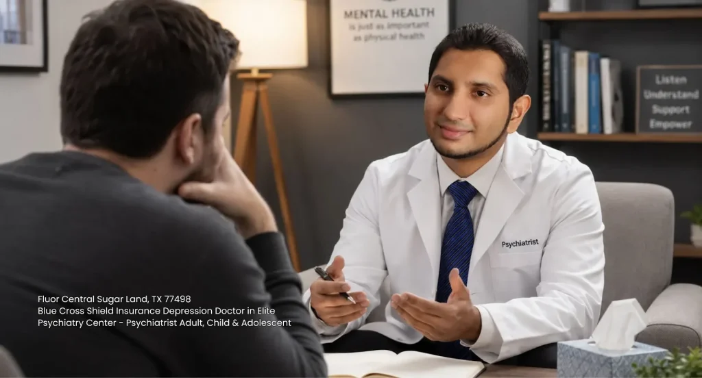 Male patient speaking with a Blue Cross Blue Shield insurance depression doctor at Elite Psychiatry Center in Sugar Land 
