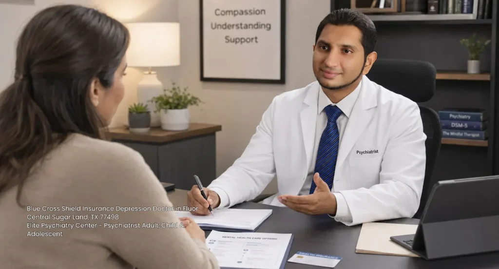 Female patient consulting a Blue Cross Blue Shield insurance depression doctor at Elite Psychiatry Center in Sugar Land 