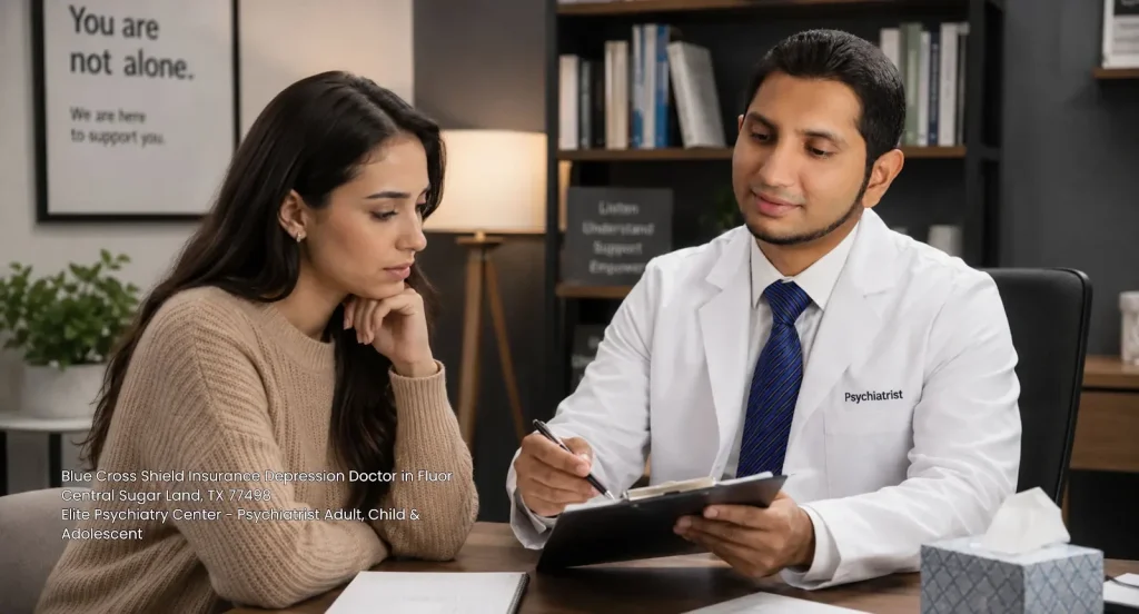 Woman holding clipboard during consultation with a Blue Cross Blue Shield insurance depression doctor in Sugar Land