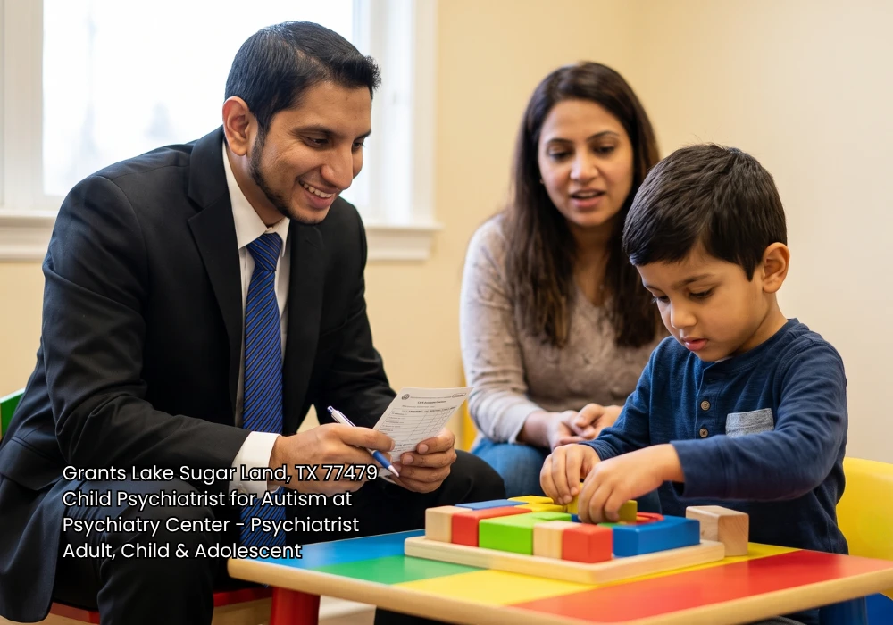 Child psychiatrist for autism evaluating a young boy as he plays with colorful wooden blocks during a session.