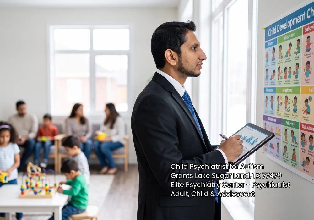 Professional child psychiatrist for autism looking at a child development chart while holding a digital tablet.