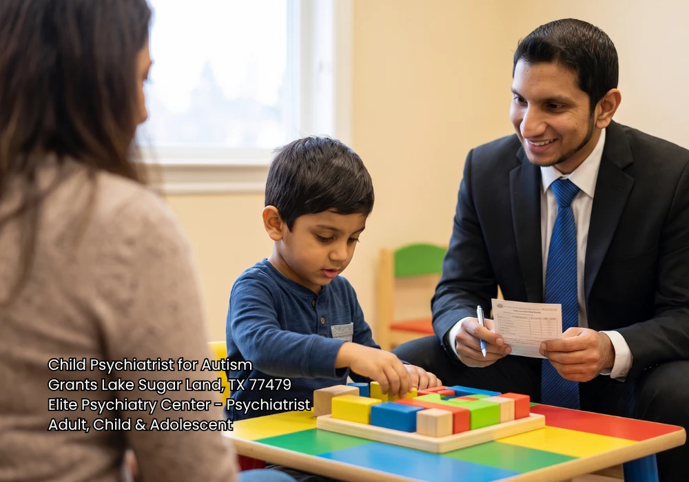 Professional male child psychiatrist for autism observing a young boy playing with blocks during an evaluation.