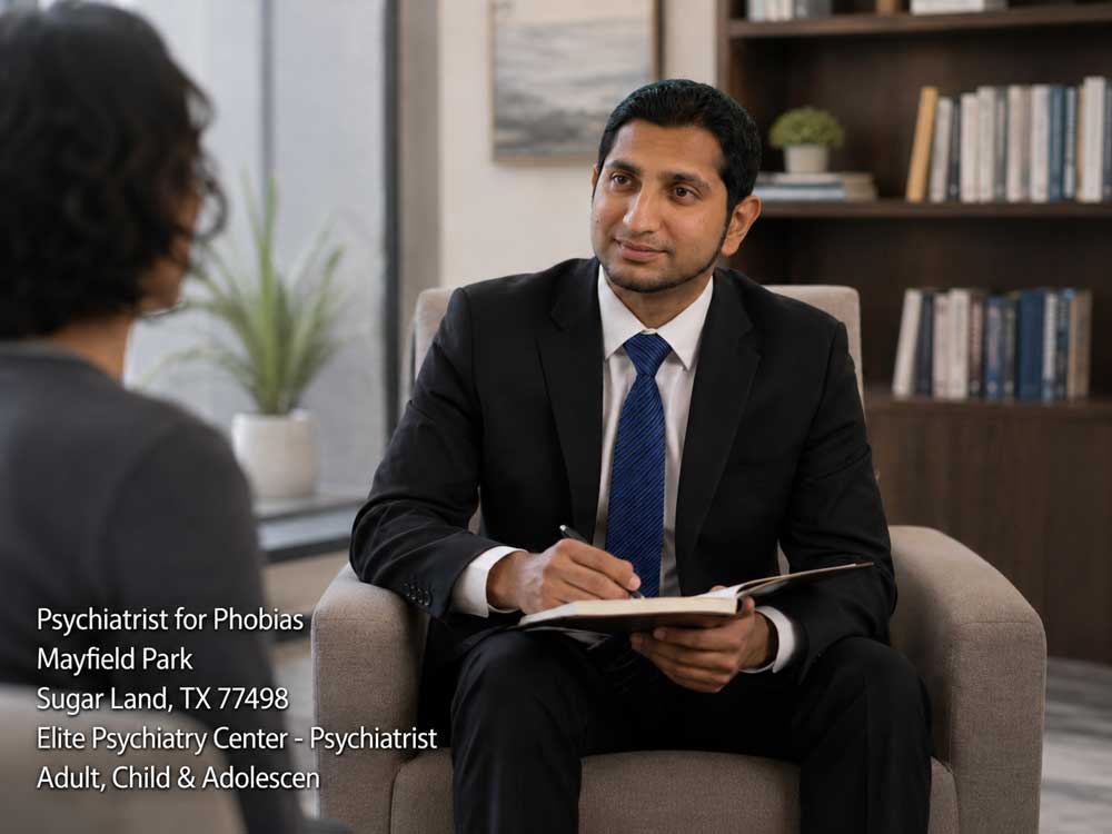 Dedicated psychiatrist for phobias in Sugar Land listens closely to a patient during an office therapy session.