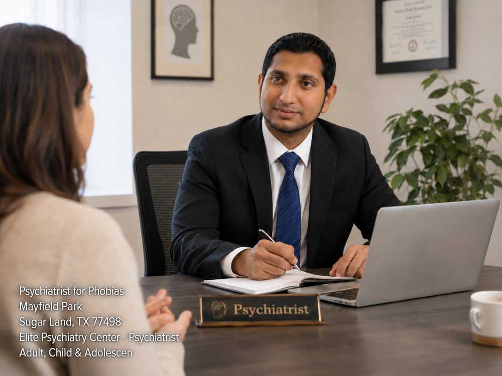 Experienced clinic psychiatrist for phobias in Sugar Land takes notes at his desk during a patient consultation.