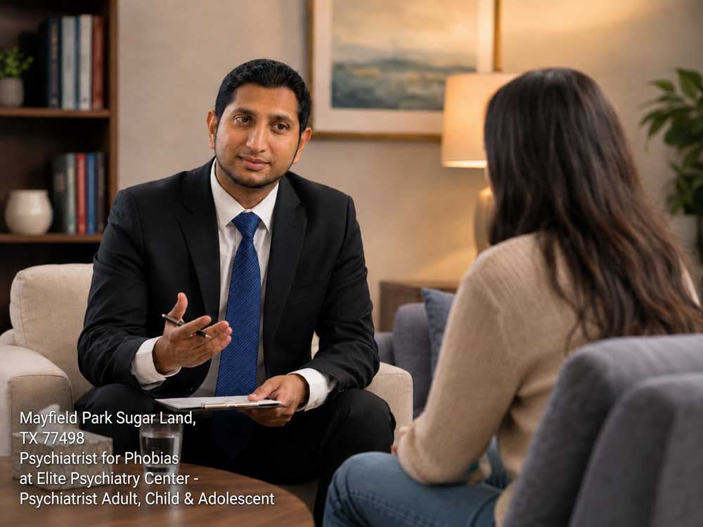 Dedicated clinical psychiatrist for phobias in Sugar Land speaks with a patient during a helpful therapy session.