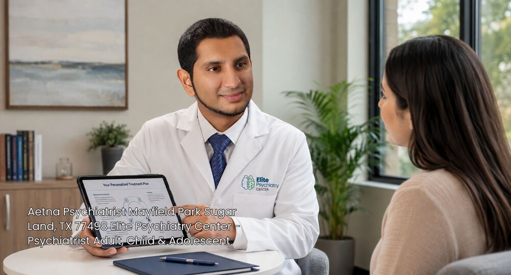 An Aetna psychiatrist Sugar Land doctor presenting a personalized treatment plan on a tablet to a female patient.