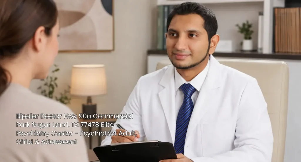 Compassionate bipolar doctor in Sugar Land taking medical notes during a patient consultation at Elite Psychiatry. 