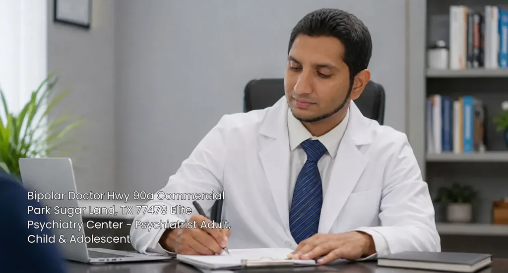 Experienced bipolar doctor in Sugar Land reviewing medical records at his desk inside Elite Psychiatry Center.