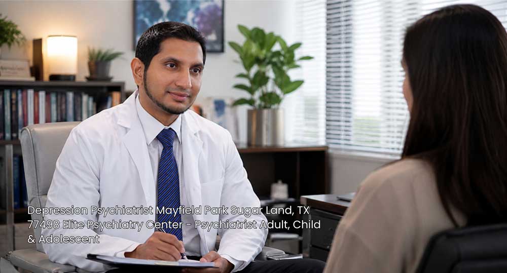 Compassionate depression psychiatrist Sugar Land taking consultation notes with a patient near Mayfield Park.