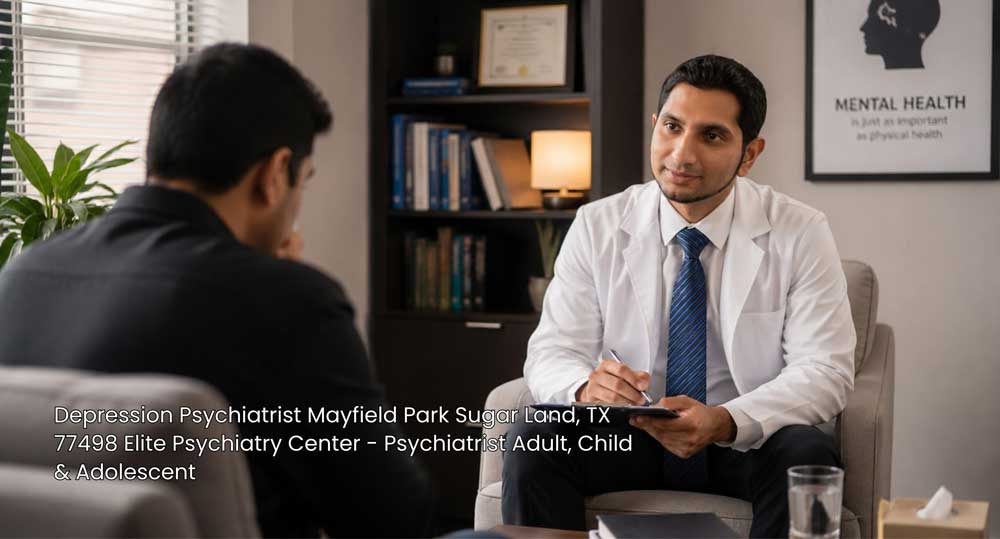 Expert depression psychiatrist Sugar Land sitting in a modern office listening attentively during therapy session.