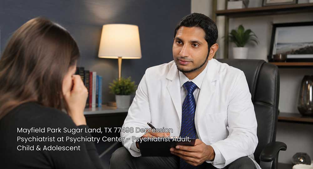 Professional depression psychiatrist Sugar Land consulting with a patient in a comfortable clinic setting.