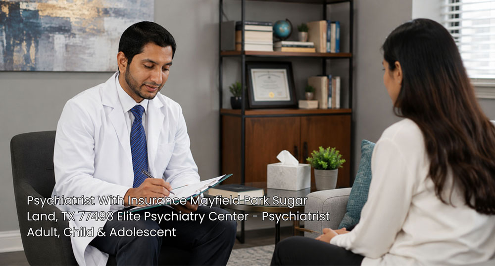 Female patient consulting a board psychiatrist in Sugar Land with insurance options at Elite Psychiatry Center.