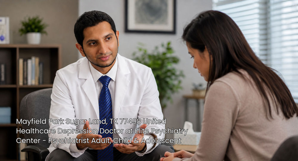 Male psychiatrist speaking with female patient at Elite Psychiatry Center, a United Healthcare depression doctor in Sugar Land.