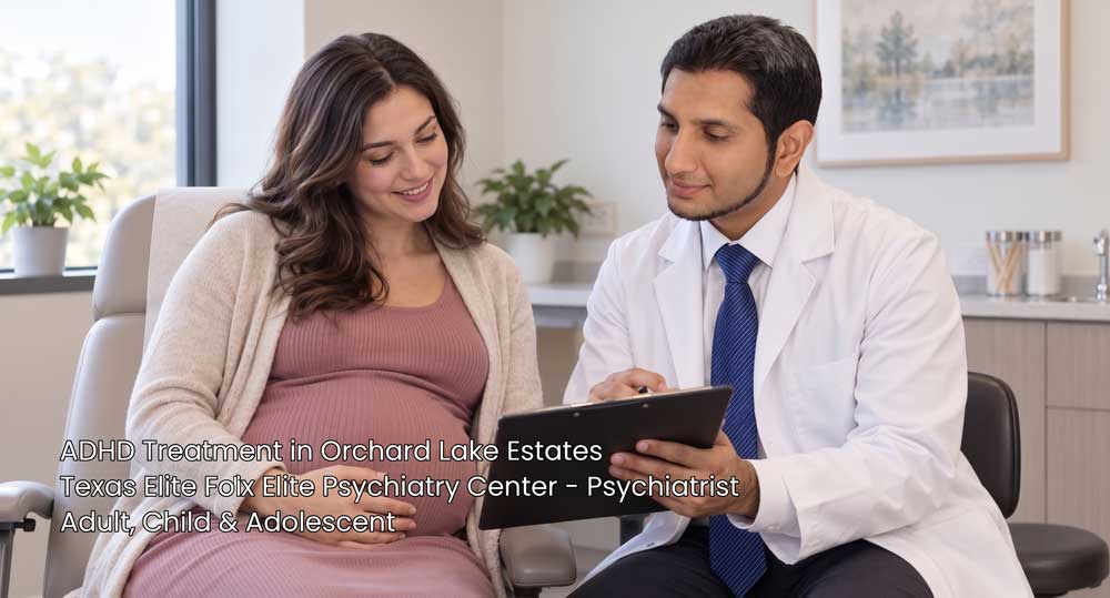 Close up of pregnant patient learning about specialized ADHD treatment Sugar Land choices from male psychiatrist.