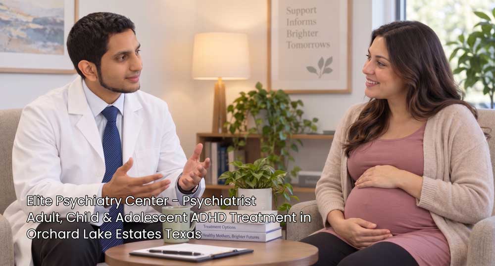 Doctor explaining safe ADHD treatment Sugar Land options to pregnant woman in comfortable clinic consultation room.