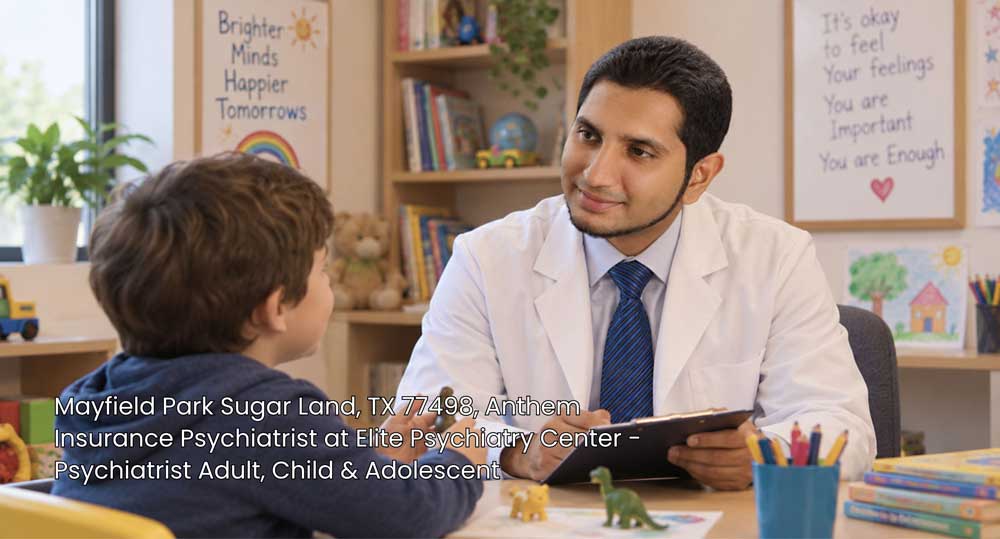 Anthem insurance psychiatrist Sugar Land consulting a young child patient at Elite Psychiatry pediatric clinic.