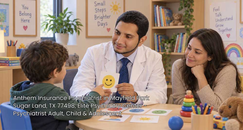 Anthem insurance psychiatrist Sugar Land guiding a child using emotion flashcards alongside a smiling mother.