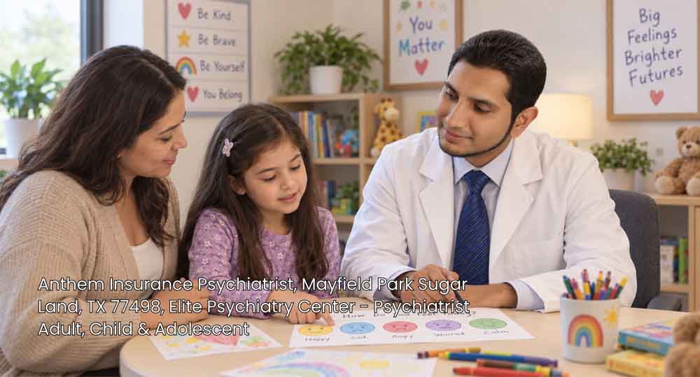 Anthem insurance psychiatrist Sugar Land discussing child emotions with a mother and daughter at Elite Psychiatry.
