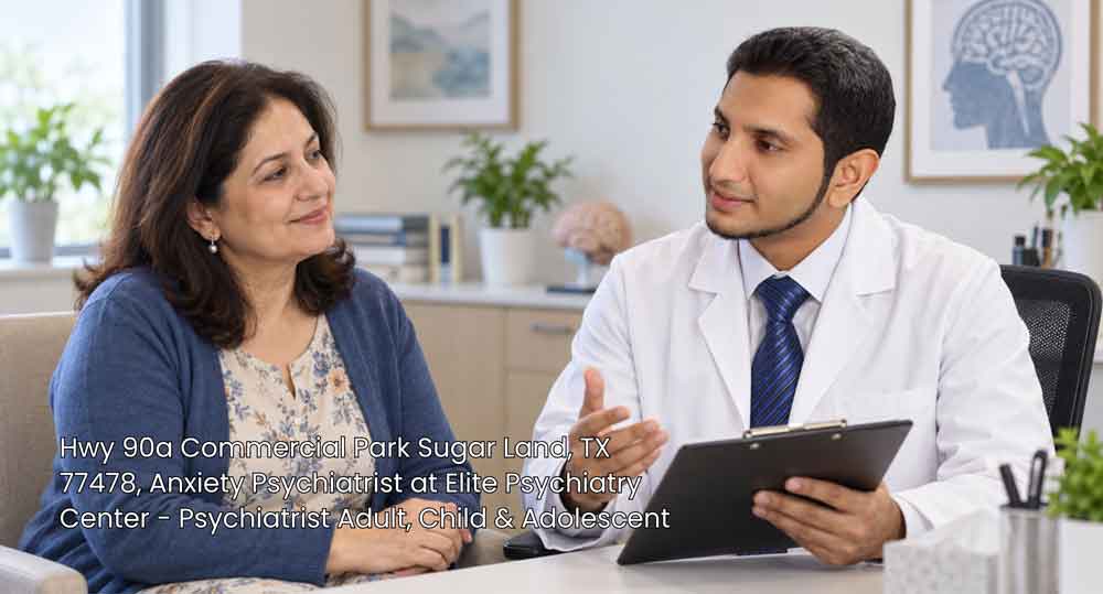 An expert anxiety psychiatrist in Sugar Land speaking with an adult patient during a consultation session.
