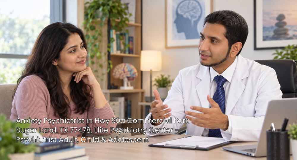 A female patient consulting an expert anxiety psychiatrist in Sugar Land for professional mental health support.