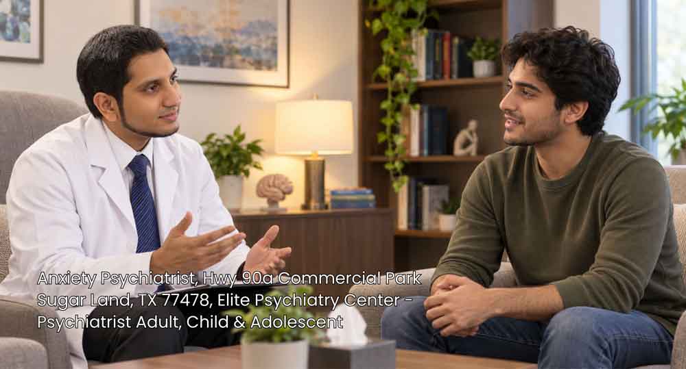 A male patient during a consultation with an anxiety psychiatrist in Sugar Land discussing anxiety relief solutions.