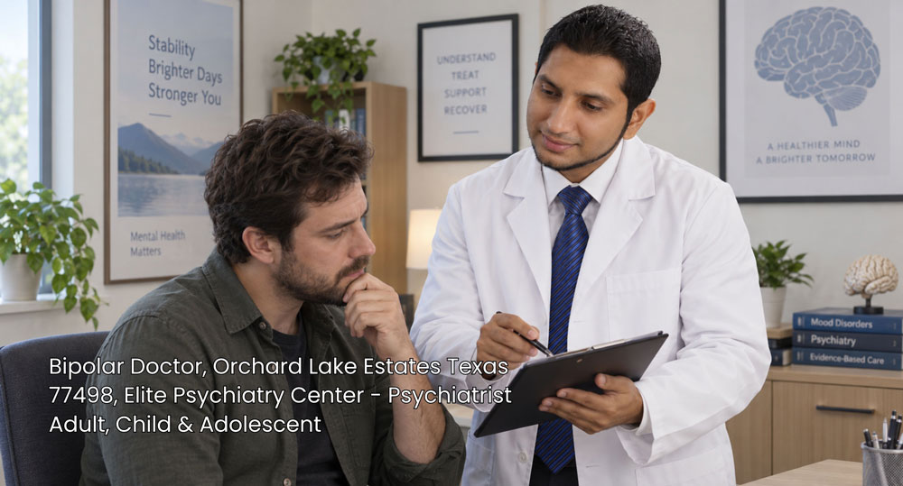 A bipolar doctor Sugar Land psychiatrist reviewing medical clipboard notes during a psychiatric consultation.