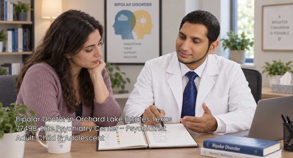 A bipolar doctor Sugar Land specialist explaining mental health care plans during a therapy session.