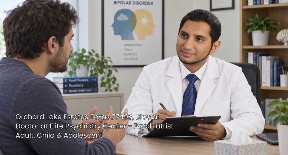 Professional bipolar doctor Sugar Land psychiatrist discussing treatment plans during a patient evaluation.