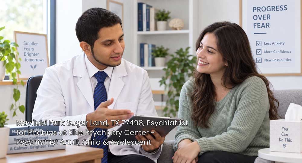 A caring psychiatrist for phobias explains treatment plans on a digital tablet to a smiling female patient in a clinic.