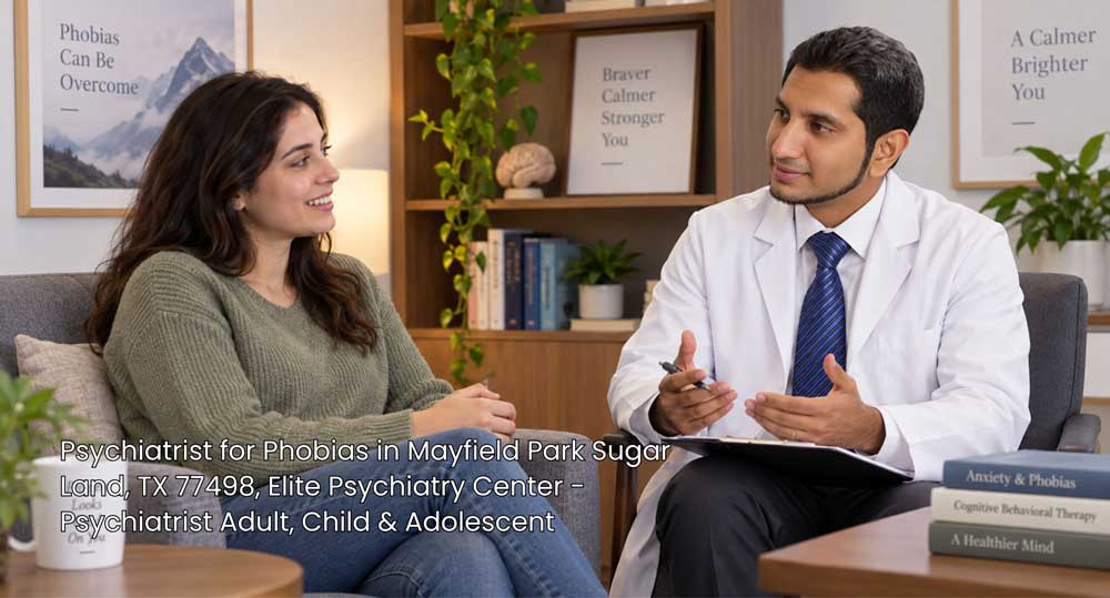 A helpful psychiatrist for phobias speaking with a smiling woman during an anxiety and fear recovery therapy session.
