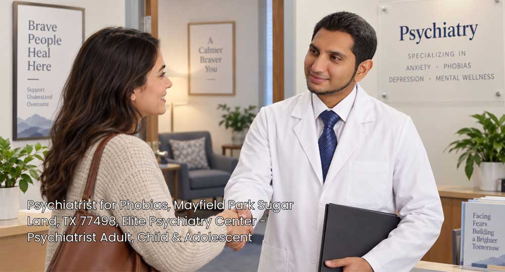Professional psychiatrist for phobias greeting a female patient with a warm handshake in a bright medical office center.
